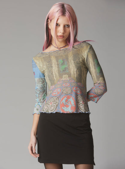 UNIF Mesh Printed Quarter Sleeve Top With Wide Neck