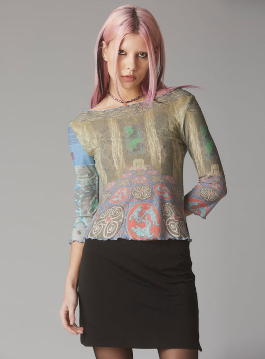 UNIF Mesh Printed Quarter Sleeve Top With Wide Neck