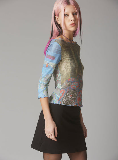 UNIF Mesh Printed Quarter Sleeve Top With Wide Neck