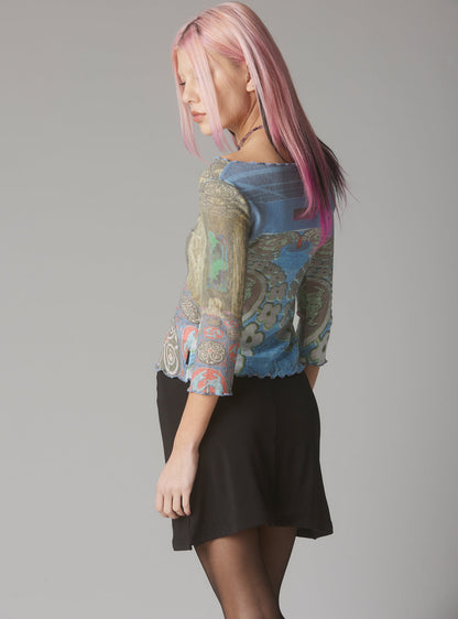 UNIF Mesh Printed Quarter Sleeve Top With Wide Neck