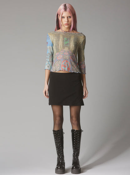 UNIF Mesh Printed Quarter Sleeve Top With Wide Neck