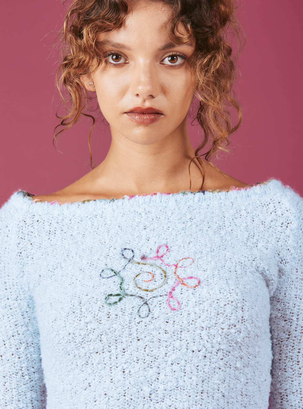 UNIF Soft Baby Blue Cropped Boucle-Knit Sweater
