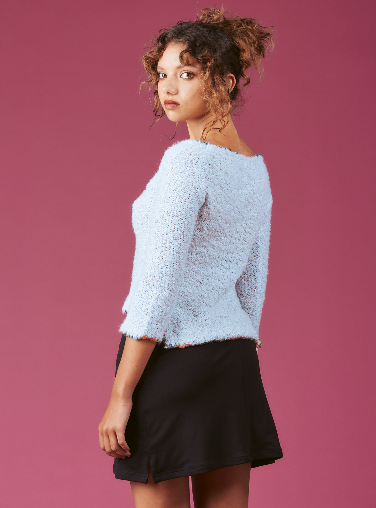 UNIF Soft Baby Blue Cropped Boucle-Knit Sweater