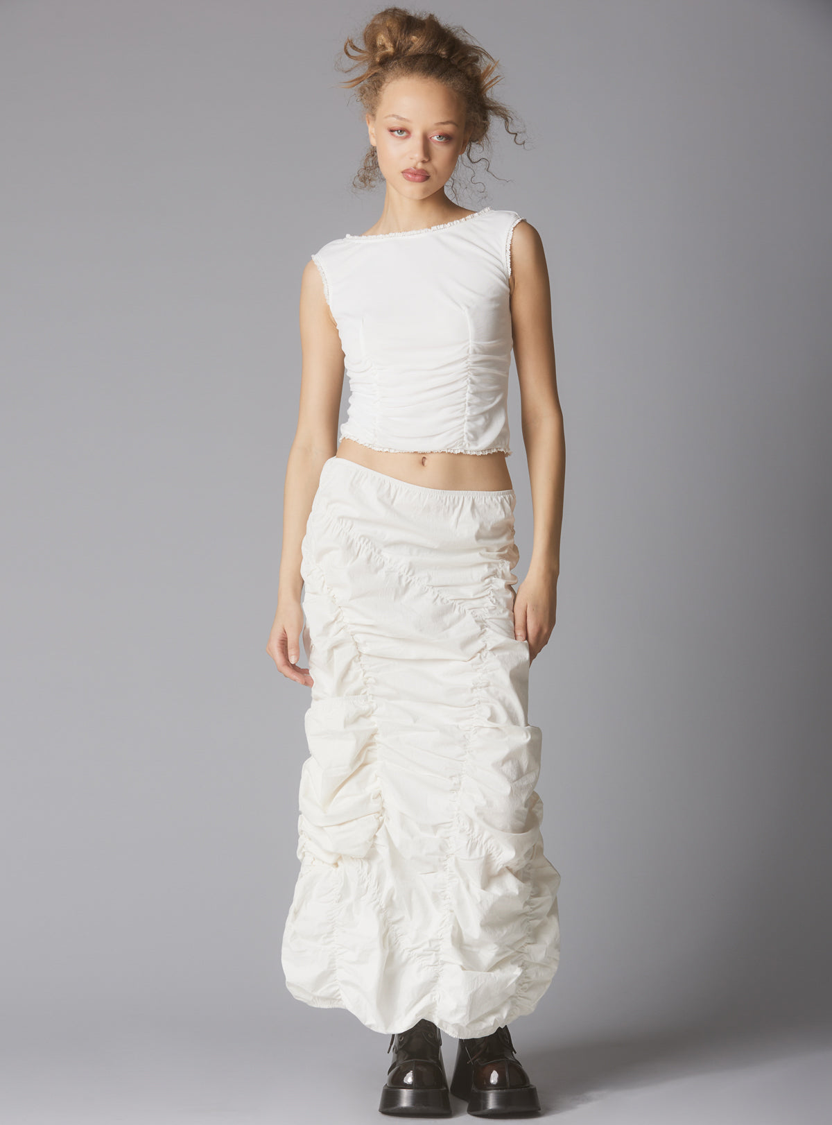 UNIF Sleeveless Top With Wide Neck & Ruffled Trim in