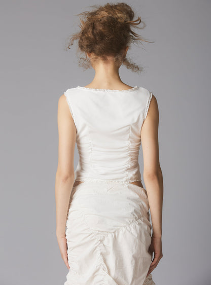 UNIF Sleeveless Top With Wide Neck & Ruffled Trim in