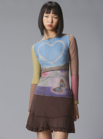 UNIF Skye Top Y2K allover-print mesh top with custom artwork