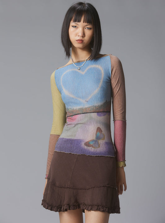 UNIF Skye Top Y2K allover-print mesh top with custom artwork