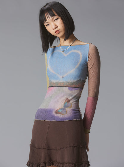 UNIF Skye Top Y2K allover-print mesh top with custom artwork