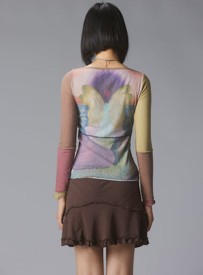 UNIF Skye Top Y2K allover-print mesh top with custom artwork