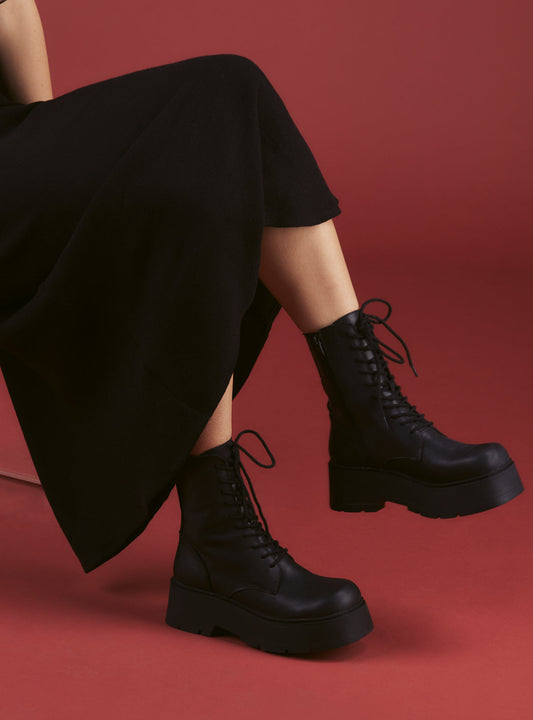 UNIF Black Platform Lace-Up Combat Boot